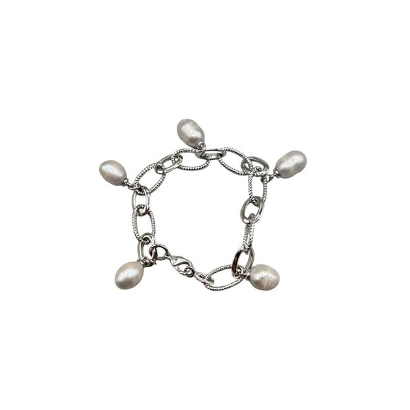 Vintage Silver Tone Chain Bracelet with Genuine Pearl Charms Link Bracelet - Picture 1 of 6